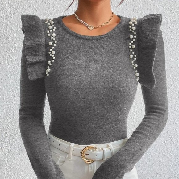 Pearl Beaded Ruffle Trim Sweater top gray - Picture 5 of 5